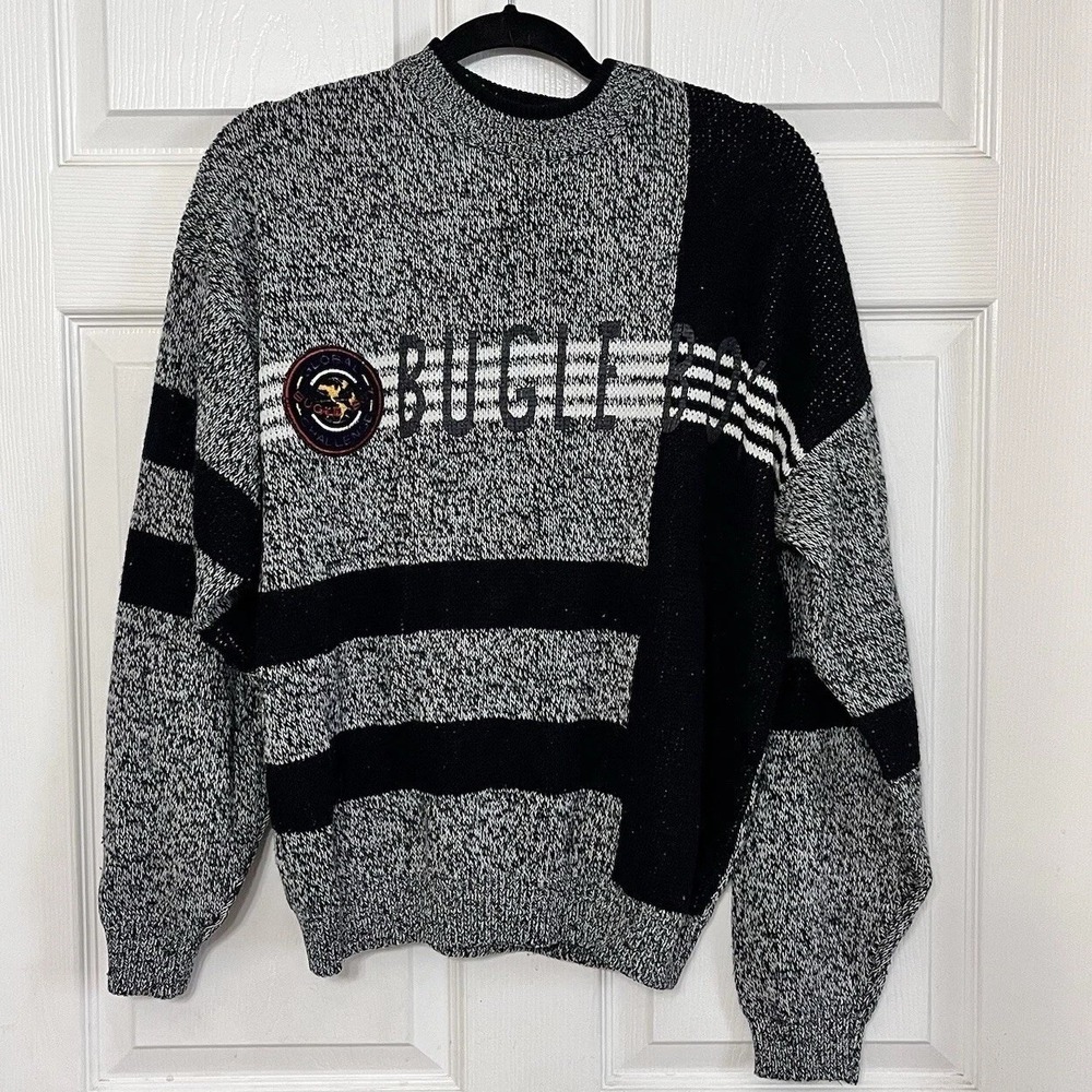 Vintage Bugle Boy Sweater 80s Spell Out Gray Black Block Patch Size Small - Picture 2 of 11